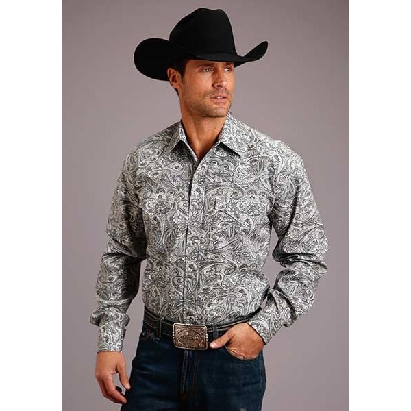 Stetson Western Pearl Snap Shirt Men Large Grey Paisley Cotton Cowboy Rodeo Boho